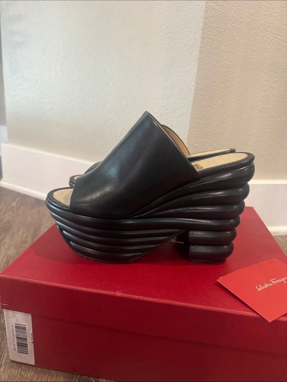 Salvatore Ferragamo Miley Platform Leather Mule  Size 8C Black